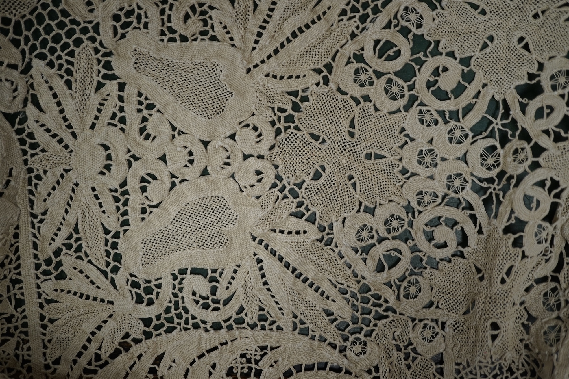 A 20th century lace bedcover, in Burano style lace. 276cm x 172cm